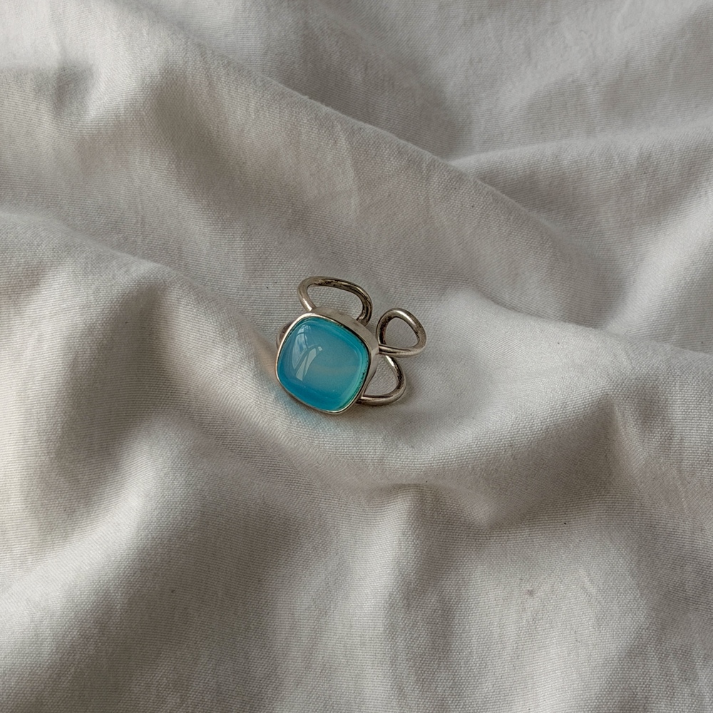 Silver Plated Cushion Square Sky Blue Agate Adjustable Ring (US 5.5-9.5)